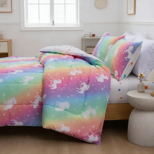 A Nice Night 5pc Rainbow Full Comforter Set Glow in The Dark Kids Bedding