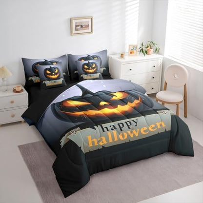 Erosebridal Happy Halloween 7 Pcs Comforter Set Twin, Glowing Pumpkin Lantern Bedding, Trick Or Treat Gothic Night Bed in A Bag Sheet Set, Grey Black Horror Cartoon Gray Yellow Stars Quilt