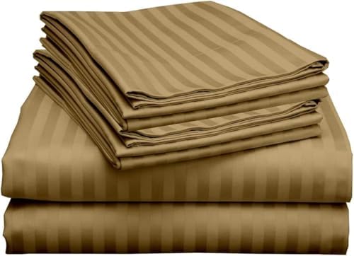 Mattress-Homes Extra Deep Pocket 6 Piece Queen Sheet Set, Hotel Luxury Collection, 100% Egyptian Cotton, 21" Deep Fitted Sheet, Soft, Cool & Breathable Bedding with 4 Pillowcases in Taupe Stripe