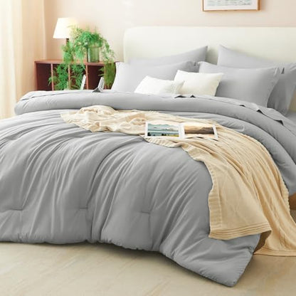 CozyLux Full Size Comforter Set Light Grey, 7 Pieces Bed in a Bag
