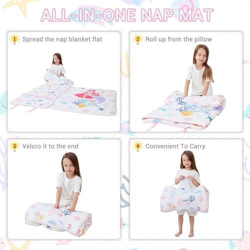 Lasoftan Toddler Nap Mat with Pillow and Blanket, Extra Large Rolled Napping Mats,Slumber Bags for Boys Girls,Kids Sleeping Bag for Daycare, Preschool Travel Camping