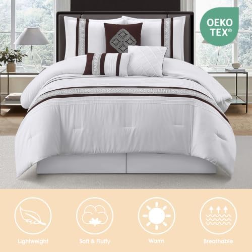 LANCO MODERN LIFESTYLE 7 Piece Comforter Set, Coffee White, Queen Size, Boho Style Geometric Microfiber Embroidery, Bed in a Bag with Bedskirt, Pillow Shams and Decor Pillows