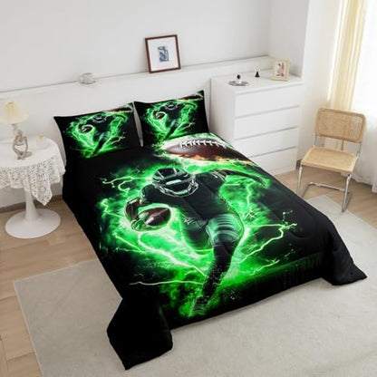 Castle Fairy Sports Football Full Size Comforter Set,Rugby Bedding Set for Adults Teens,Children American Football Comforter Luxury Green Lightning Quilt Set Room Decor 3Pcs