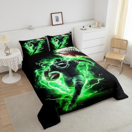 Castle Fairy Teens Sports Football Comforter Set Queen Size,Rugby Bedding Set for Kids Boys Girls Bedroom Decoration,American Football Bed Duvet Insert,Green Lightning Comforter with 2 Pillowcases