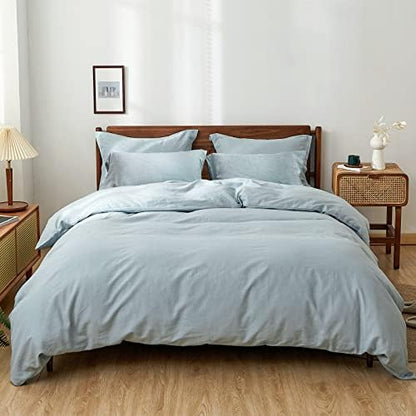 Simple&Opulence 100% Washed Linen Duvet Cover Set 5pcs(1 Duvet Cover& 2 Shams& 2 Pillowcases) Basic Style Natural French Flax Soft Breathable Farmhouse Bedding (Queen, Dusty Blue)