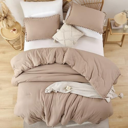 YIRDDEO Twin Comforter Set, Taupe Ball Pom Fringe Bedding Set 2 Pieces
