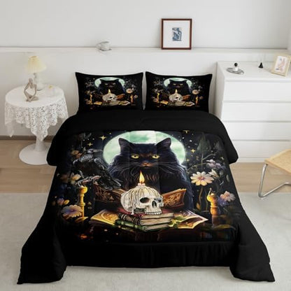 Kids Cat Comforter Set,Sugar Skull Crow and Daisy Flower Garden Quilt Set for Teens Girls Boys Adult Bedroom Decor,Black Pet Cat Plants Bedding Set Moon Night Stars Print Duvet Insert 3Pcs