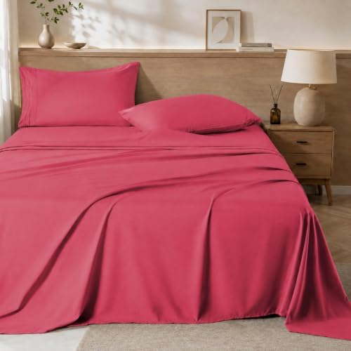 ROSE&RISY Magenta Queen Sheet Set, Pre-Washed Cotton-Like Brushed Microfiber, 4 Pcs Super Soft Breathable Cooling Bed Sets,Includes 1 Fitted, 1 Flat, 2 Pillowcases(Magenta, Queen)