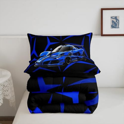 Castle Fairy Blue Race Car Comforter Set Twin Size,Abstract Geometric Line Theme Breathable Bedding Set,Kids Adults Room Decor,Extreme Sport Theme Racing Car Microfiber Duvet Insert,1 Pillowcase