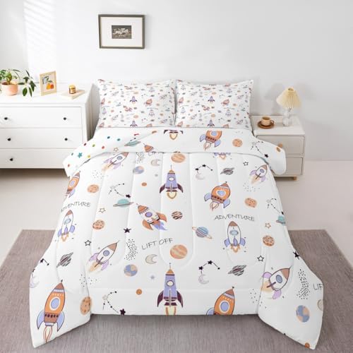 Erosebridal Kids Rocket Comforter for Kids Boys Girls,Cartoon Spaceship Toddler Bedding Set,Galaxy Themed Duvet Insert,Planets Outer Space Quilt Bedroom Decor