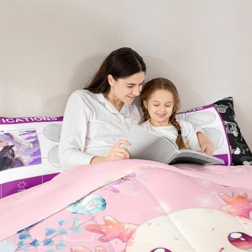 Feelyou Pink Cute Axolotl Comforter Set King Size Kids Cartoon Salamander Bedding Set for Boys Girls Flower Floral Print Duvet Quilt Kawaii Reptile Animal Ocean Sealife Room Decor