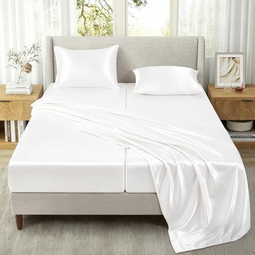 SiinvdaBZX 5-Piece Ivory White Satin Sheets Split King Size Set