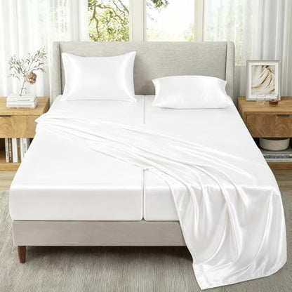 SiinvdaBZX 5-Piece Ivory White Satin Sheets Split King Size Set