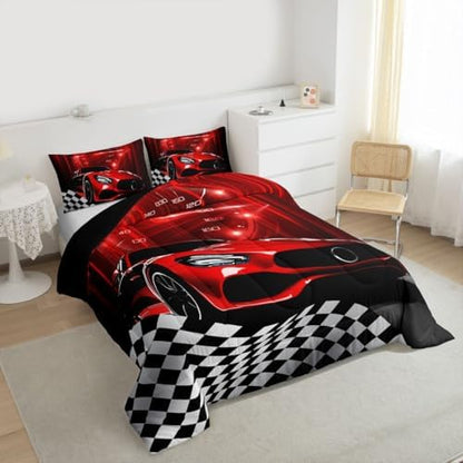 Erosebridal Red Race Car Comforter Set for Teenage Boys,Glitter Ombre Line Art Bedding Set Neon Light Sports Car Dashboard Quilt Full,Black and White Grid Lattice Buffalo Plaid Decor