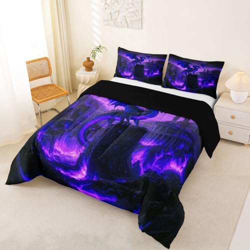 Feelyou Dragon Bedding Set Soft for Boys Girls, Fantasy Animal Comforter Set Full Size Jungle Duvet Quilt Microfiber Wild Animal Bedroom Decor Magical Beast 3 Pcs with 2 Pillow Cases