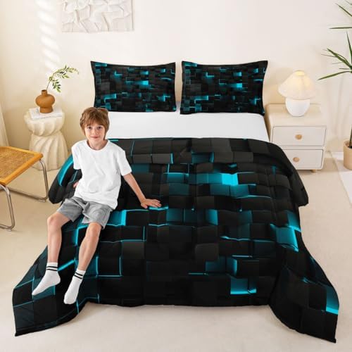 Erosebridal Black Teal Comforter Set Queen Neon Turquoise Geometric Checkered Bedding Set for Boys Gaming Room Decor,Teen Men Abstract Stereoscopic Grids Quilt Square Plaid Bed Set 3 Pcs