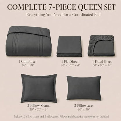 CozyLux Queen Comforter Set Dark Grey - 7 Pieces Bed in a Bag