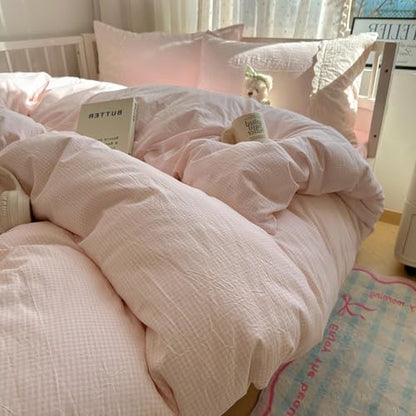 VM VOUGEMARKET Pink Plaid Duvet Cover with White Lace Twin XL Checkered Gingham Duvet Cover Set for Girl's College Dorm Soft Lightweight Cozy Bedding Set,68"x90"