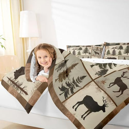 jejeloiu Bear Bedding Set Soft for Boys Girls, Deer Hunting Comforter Set Queen Size Wild Animal Duvet Quilt Microfiber Bedroom Decor 3 Pcs with 2 Pillow Cases