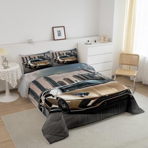 Feelyou Race Car Comforter Set Sports Bedding Set for Kids Galaxy Speed Racing Car Design Automobile Quilt Room Decor 3Pcs Queen Size