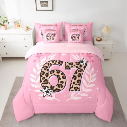 Erosebridal Six Seven Full Bedding Sets for Girls Leopard Print 67 Comforter Set 7 Piece for Kids Birthday Gifts,Cartoon 67 Number Print Bed in A Bag Pink Kawaii Princess Sheet Set with Comforter