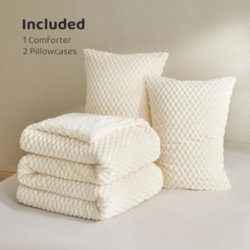 Petrichor Fluffy Queen Comforter Set - Ultra-Soft Cream White Flannel Thick Comforter for Queen Bed, Luxury Warm Bedding Set for Winter & Fall, Cozy Fuzzy Bed Set,1 Comforter & 2 Pillowcases