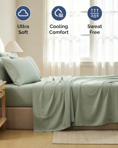 Split King 7 Piece Bed Sheet Set - Comfy, Breathable & Cooling - Eucalyptus