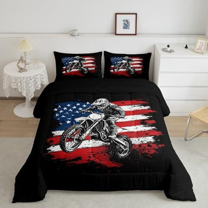 Erosebridal Motorcycle Full Size Comforter Sets for Kids Boys Girls,American Flag Bedding Set,Extreme Sports Duvet Insert,Motorcross Rider Bed Set for All Season