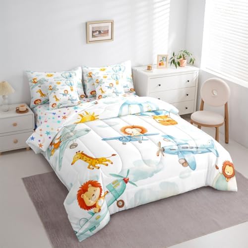 Erosebridal Cute Airplane Comforter Set with Sheets King Size, Cartoon Aircraft 7 Pcs Bedding Set, Lovely Lion Giraffe Hamster Wildlife Bed in A Bag, White Cloud Bed Sets for Boys Kids Girls Adults