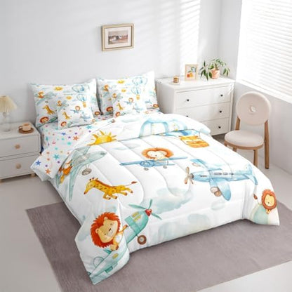 Erosebridal Cute Airplane Comforter Set with Sheets King Size, Cartoon Aircraft 7 Pcs Bedding Set, Lovely Lion Giraffe Hamster Wildlife Bed in A Bag, White Cloud Bed Sets for Boys Kids Girls Adults
