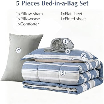 Twin XL Comforter Set Striped Sea Blue 5 Pieces Bed in a Bag for Dorm