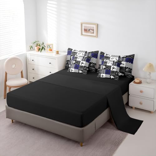 Erosebridal Dirt Bike Queen Comforter Set 7 Pieces, Motocross Rider Bed in A Bag, Motorcycle Grunge Bedding Set with Comforters, Sheets, Pillowcases Motorbike Extreme Sport Game Buffalo Plaid