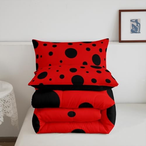 Cute Ladybug Kids Comforter Set King Size,Geometric Polka Dot Patchwork Abstract Bedding Set,Girls Boys Room Decor,Ladybird Beetle Insect Quilt Comforter,Red Black Chic Duvet Insert,2 Pillowcases