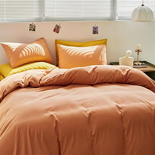 Wellboo Peach Comforter Sets Full Pink Orange Bedding Comforters Solid Grapefruit Color Bedding Cotton Women Girls Light Orange Quilts Modern Minimalist Peach Comforters Plain Coral Pink Bed Luxury
