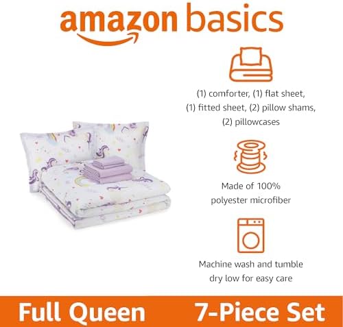 Amazon Basics 7-Piece Soft, Easy-Wash Microfiber Kid's Bed-in-a-Bag Bedding Set with Sheet and Comforter, Full/Queen, Unicorn Print