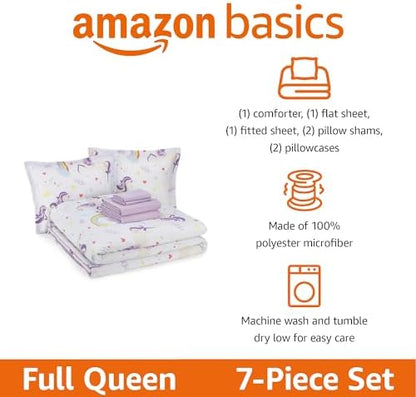 Amazon Basics 7-Piece Soft, Easy-Wash Microfiber Kid's Bed-in-a-Bag Bedding Set with Sheet and Comforter, Full/Queen, Unicorn Print