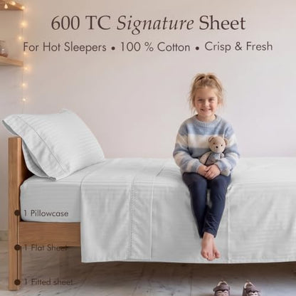 Threadmill 600TC Cotton Twin Sheet Set, Sateen, Damask Stripe, White
