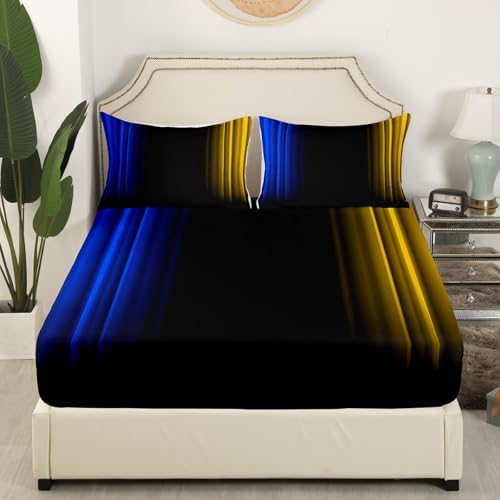 Feelyou Teens Abstract Ombre Decorations Bedding Set for Kids Women Blue Yellow and Black Bed Sheets Set Geometric Modern Fitted Sheet Sets Room 4Pcs King Size