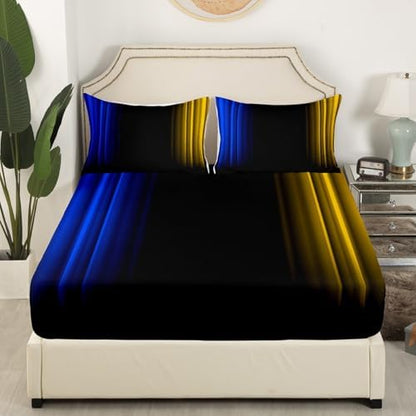 Feelyou Teens Abstract Ombre Decorations Bedding Set for Kids Women Blue Yellow and Black Bed Sheets Set Geometric Modern Fitted Sheet Sets Room 4Pcs Queen Size