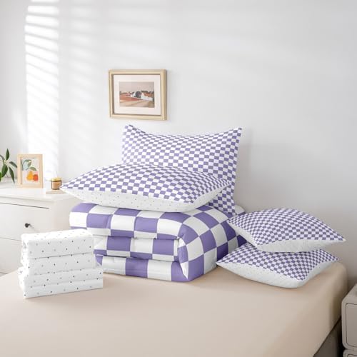 jejeloiu Purple and White Bedding Set 7Pcs Queen Size Kids Plaid Checkered Comforter Set with Sheets for Boys Girls Classic Grid Buffalo Check Bed in a Bag Soft Lightweight,Microfiber