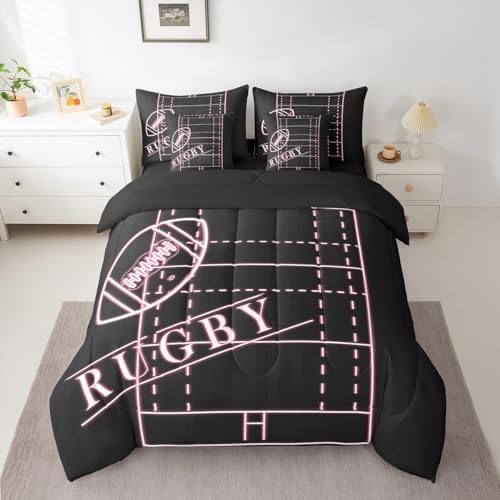 Erosebridal Kids Soccer Bedding Twin Size 7-Piece for Girls Pink Comforter Set, Ball Gamer Bedding Comforter Sets Sport Game Bed in a Bag, Girly Football Field Bedding Accessories (Black Reversible)