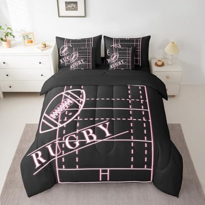 Erosebridal Kids Soccer Bedding Twin Size 7-Piece for Girls Pink Comforter Set, Ball Gamer Bedding Comforter Sets Sport Game Bed in a Bag, Girly Football Field Bedding Accessories (Black Reversible)