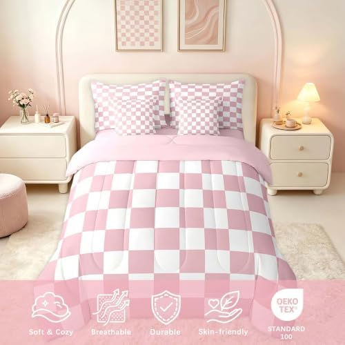 Feelyou Checkered 7 Piece Bedding Set Teen Women Men Pink Plaid Comforter Set with Sheets Full Size Kids Boys Cute Retro Neutral Checkerboard Geometric Bed in a Bag Vintage Aesthetic Room Decor