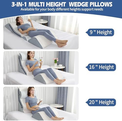 4Pcs Orthopedic Bed Wedge Pillow Set with 4Pcs Replacement Pillowcase, Incline Wedge Pillow for Back Pain Relief/Sleeping/Snoring/Post Surgery/Leg Elevation 20-in-1 Adjustable Memory Foam Wedge Pillow
