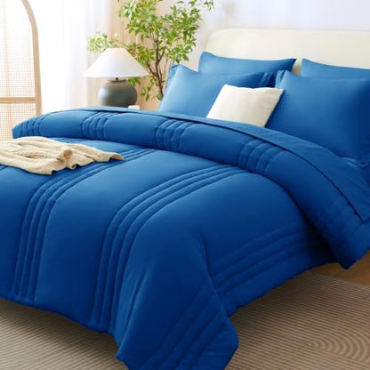 CozyLux King Size Comforter Set Classic Blue- 7 Pieces Bed in a Bag
