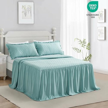 CHIXIN Ruffle Skirt Bedspread King Size - 30" Long Drop, Shabby Chic Style, Lightweight Bedding Cover, 3 Piece Set, Seaglass