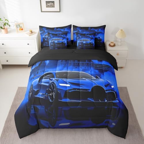 jejeloiu Kids Race Car Comforter Set with Sheets Queen Size Extreme Sport Games Bedding Set for Boys Girls Bedroom Decor Modern Blue Bed in a Bag Soft Lightweight Microfiber