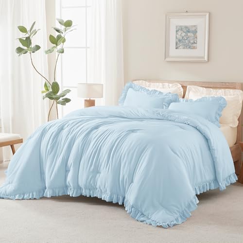 Andency Light Blue King Size Comforter Set, 3 Pcs Solid Farmhouse Bedding