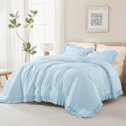 Andency Light Blue King Size Comforter Set, 3 Pcs Solid Farmhouse Bedding