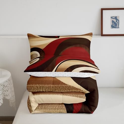 Feelyou Red Burgundy Brown Bedding Set King Size Geometric Comforter Set for Kids Boys Girls Decor Stripes Comforter Microfiber Modern Abstract Duvet Set Bedroom Quilt Set
